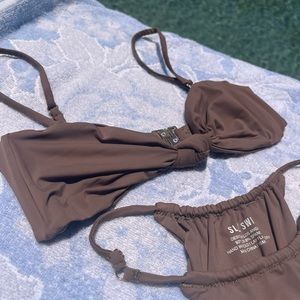 Slate swim Palermo top S, rain bottom XS in Toast.